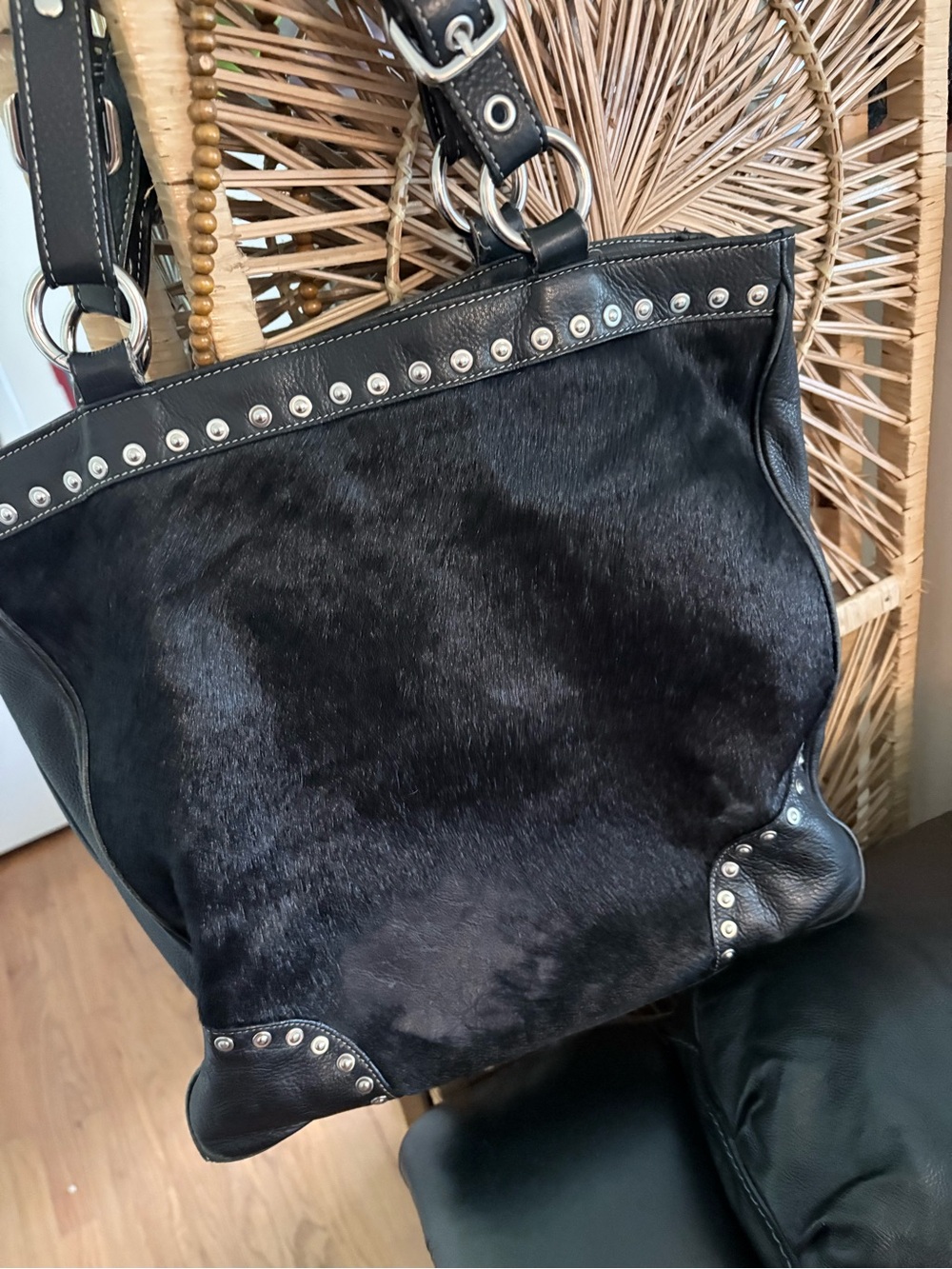 Aqua Madonna Black Studded Tote Bag - Leather & Haircalf
